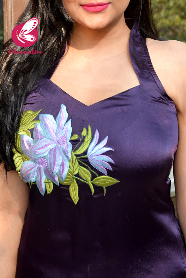 Purple Embroidered Satin Halter Neck Straight Fit Kurti
