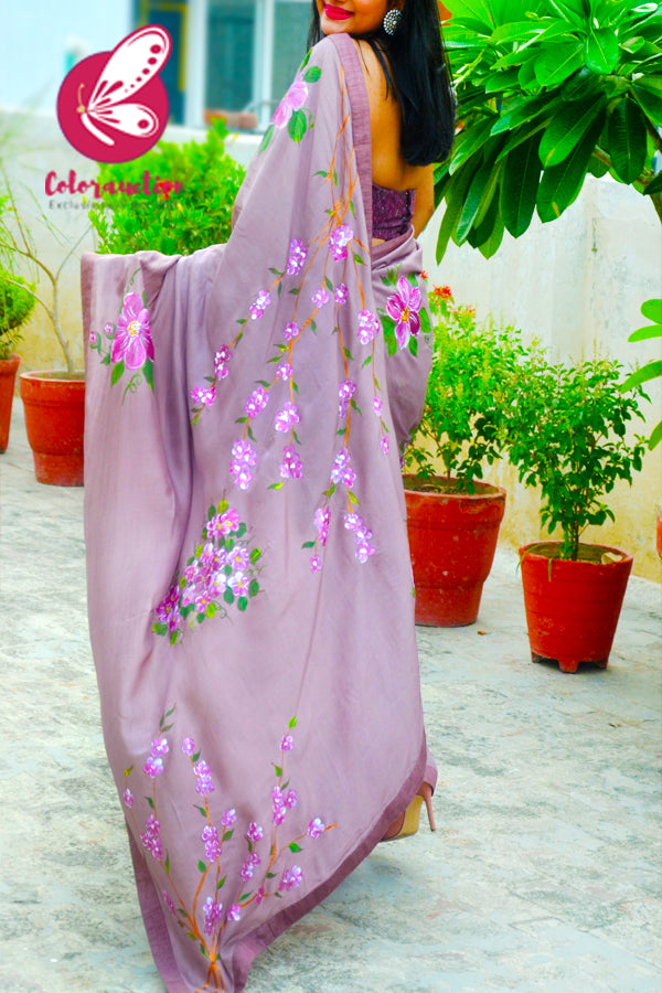 Mauvish Hand Painted Floral Pure Silk Chiffon Saree