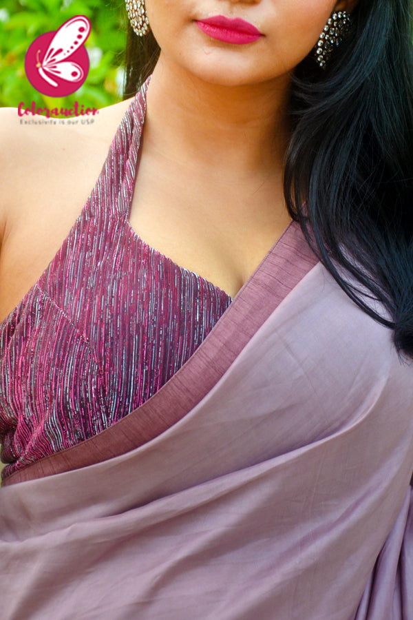 Mauvish Hand Painted Floral Pure Silk Chiffon Saree