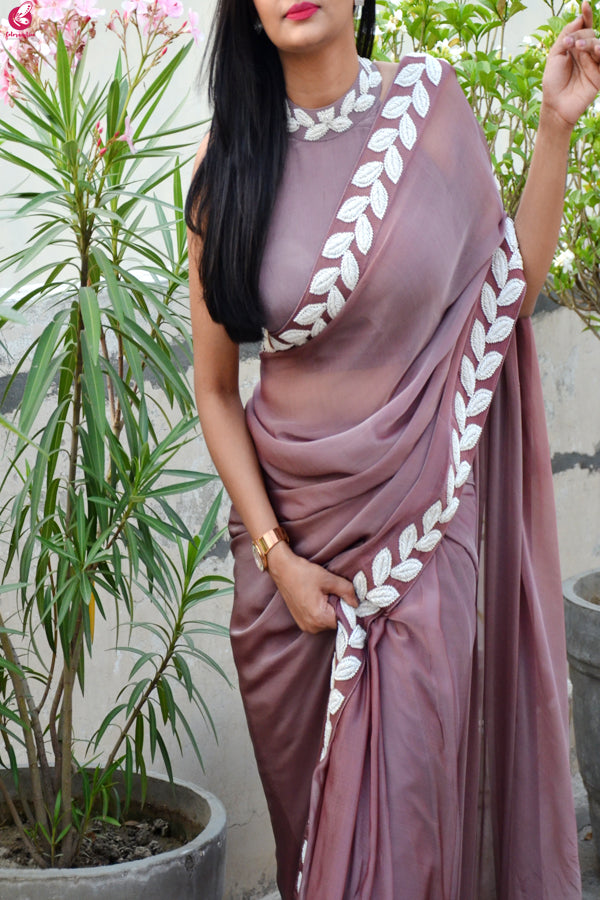 Mauve Pearl Work Pure Silk Chiffon Saree