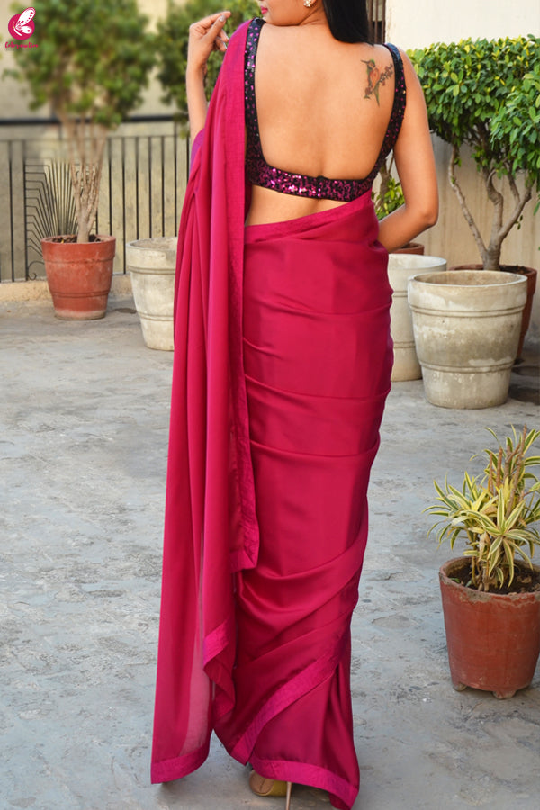 Garnet Silk Georgette Dupion Silk Taping Saree