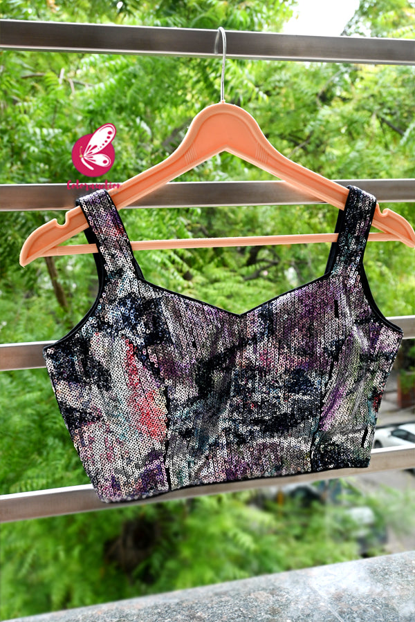 Multicoloured Sequins Net Padded Back Hooks Blouse