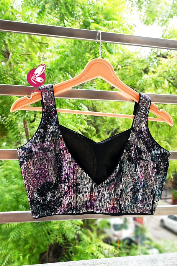 Multicoloured Sequins Net Padded Back Hooks Blouse