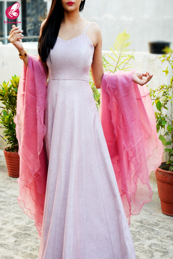 Baby Pink Pure Crepe Shimmer Padded Gown with Dark Pink Pure Organza Ruffle Stole