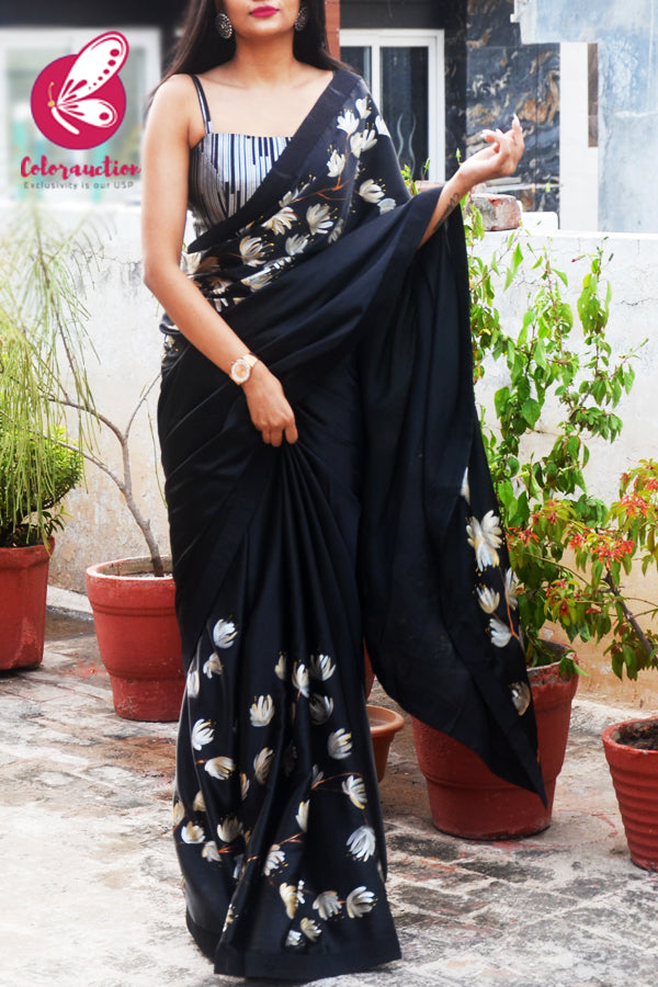Black Satin Floral Handpainted Saree