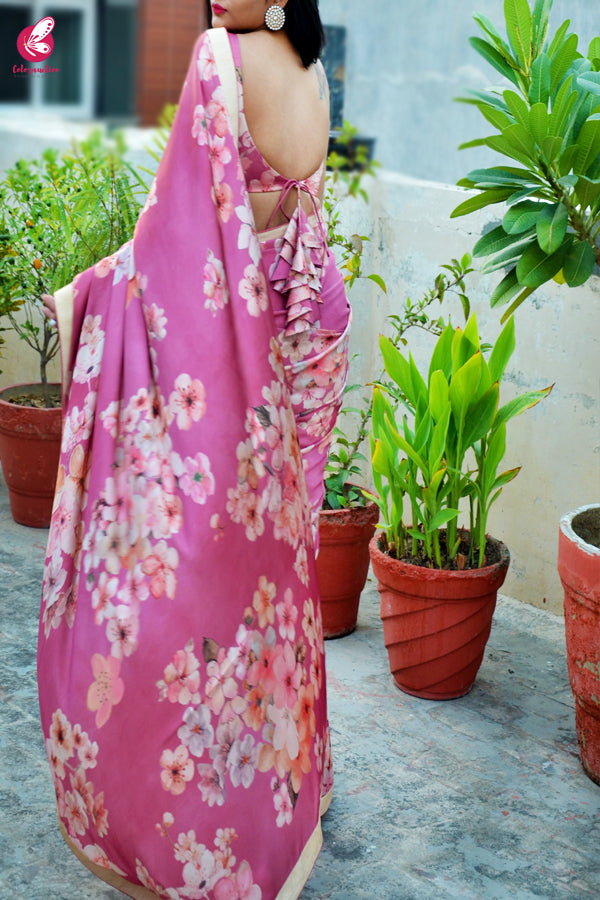 Printed Pinkish Mauve Satin Saree