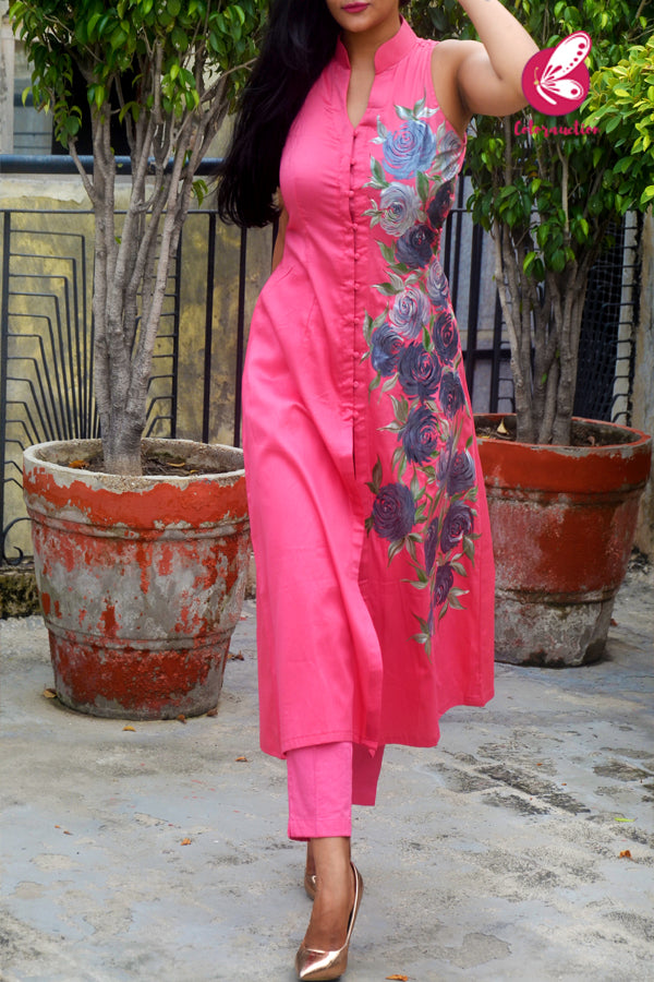 Carrot Pink Cotton Silk Handpainted Kurti with Carrot Pink Cotton Silk Pants