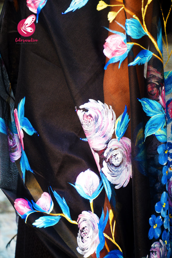 Black Pure Organza Multicoloured Floral Hand painted Stole