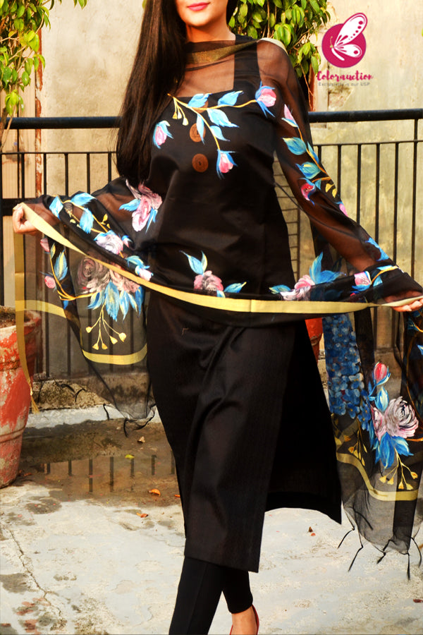 Black Pure Organza Multicoloured Floral Hand painted Stole