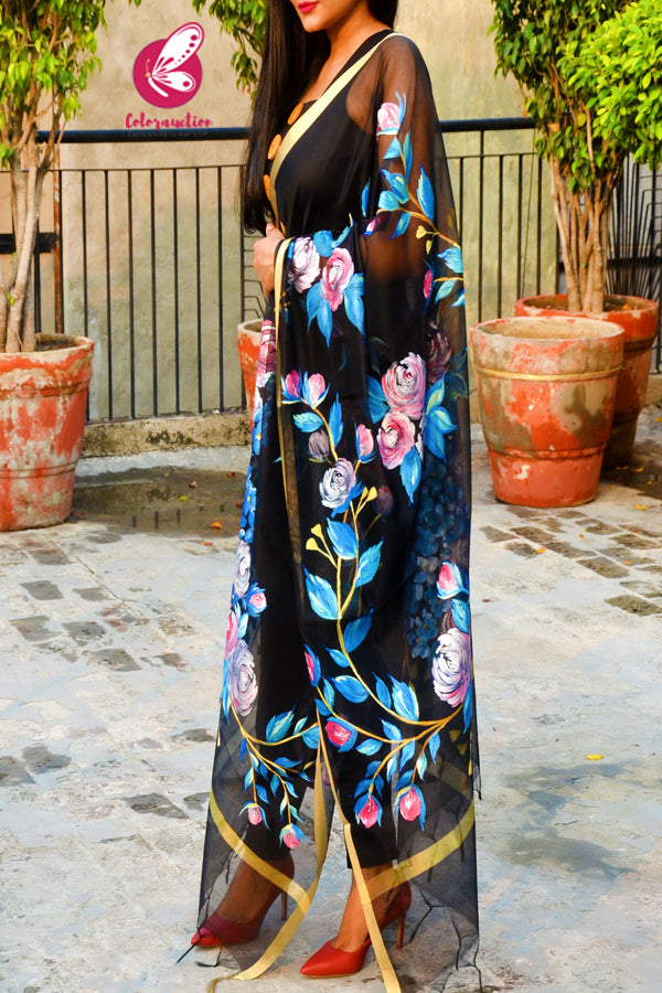 Black Pure Organza Multicoloured Floral Hand painted Stole