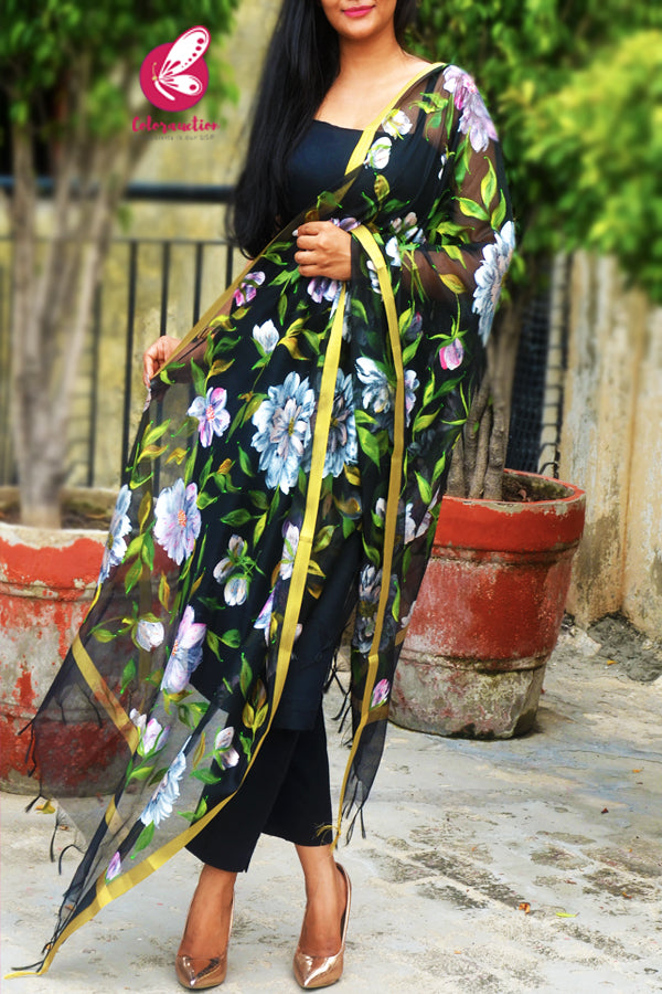 Black Pure Organza Handpainted Colorful Floral Stole