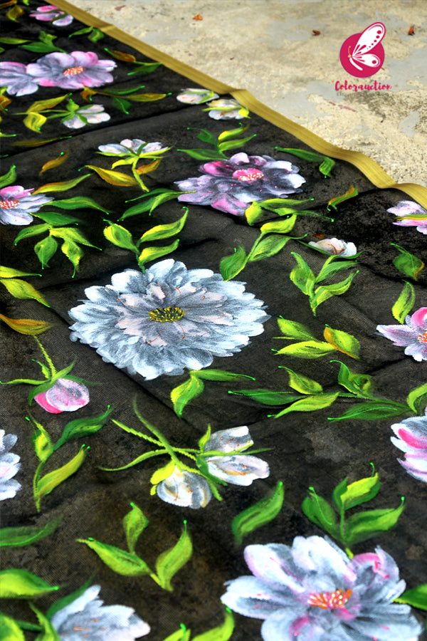 Black Pure Organza Handpainted Colorful Floral Stole