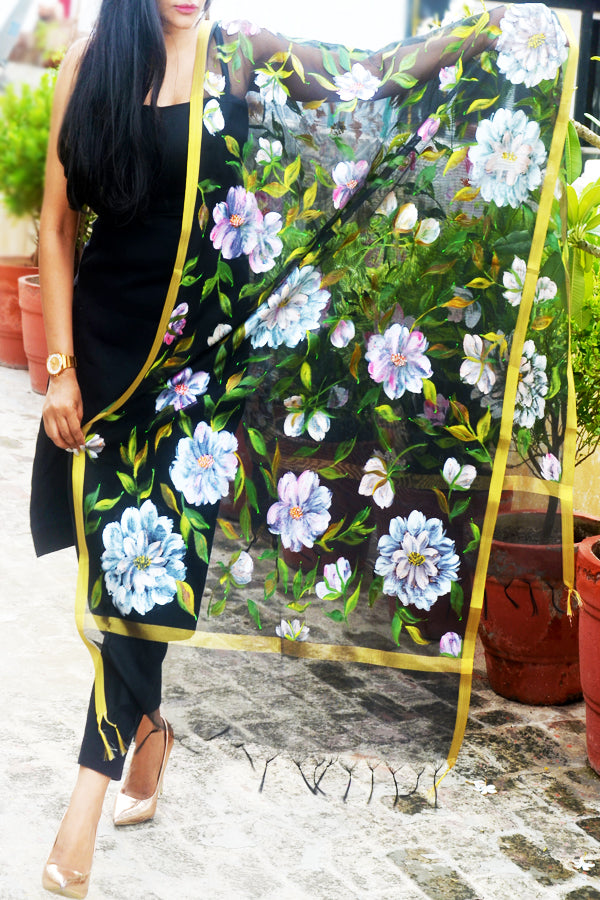 Black Pure Organza Handpainted Colorful Floral Stole