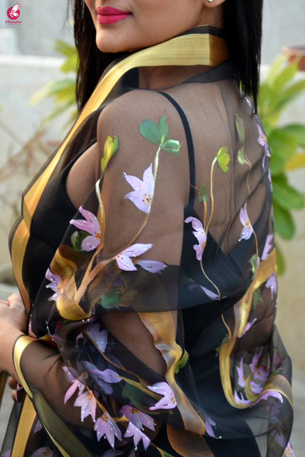 Black Organza Handpainted Floral Stole