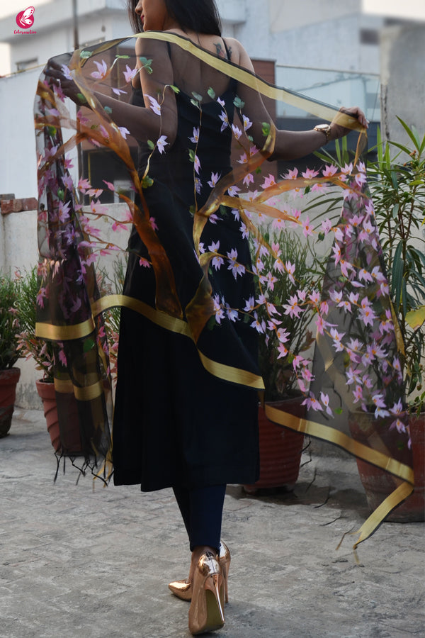 Black Organza Handpainted Floral Stole