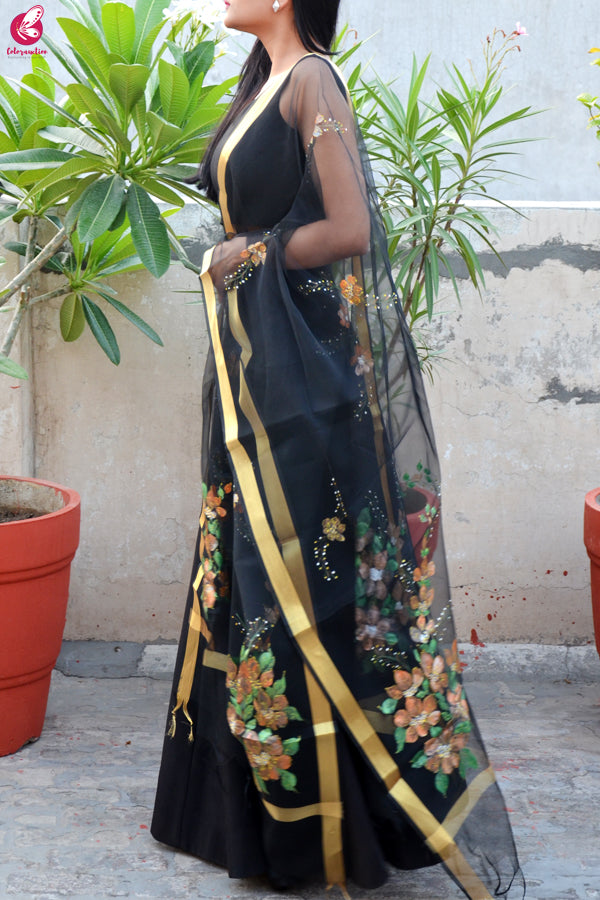 Black Organza Hand Painted Floral Stole
