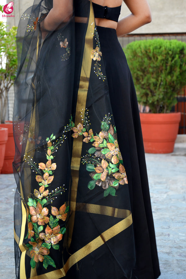 Black Organza Hand Painted Floral Stole