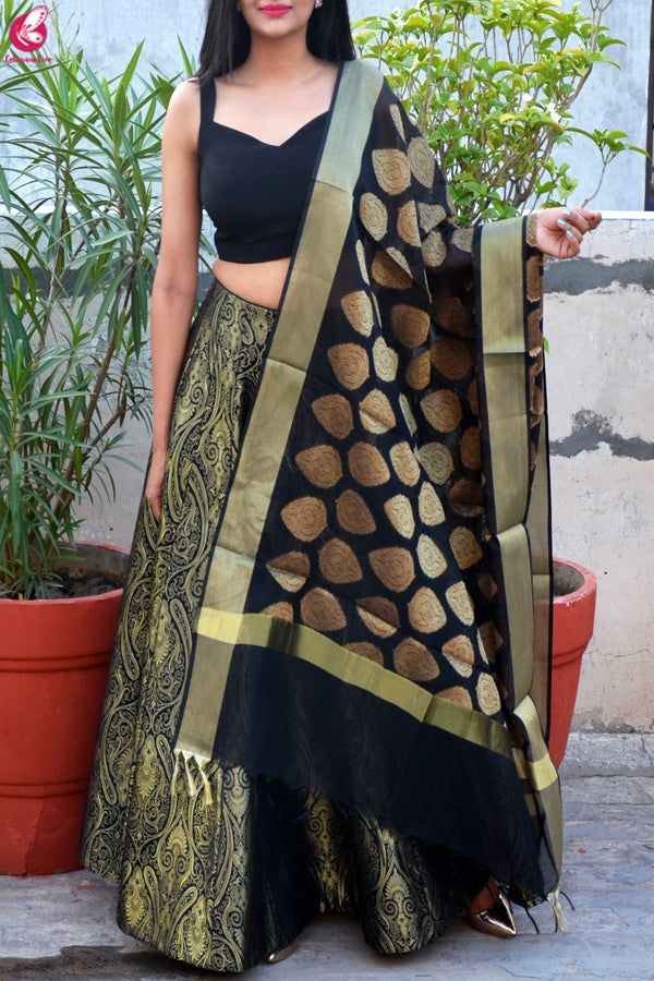 Black Brocade Lehenga with Padded Crepe Blouse and Chanderi Stole