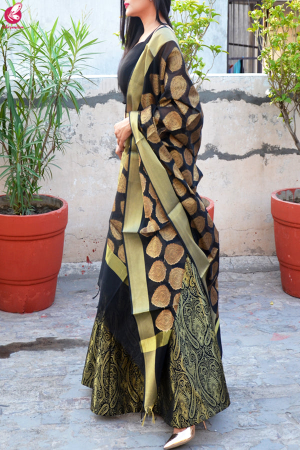 Black Brocade Lehenga with Padded Crepe Blouse and Chanderi Stole