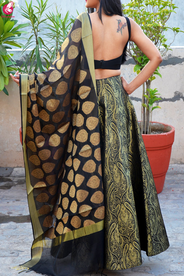 Black Brocade Lehenga with Padded Crepe Blouse and Chanderi Stole