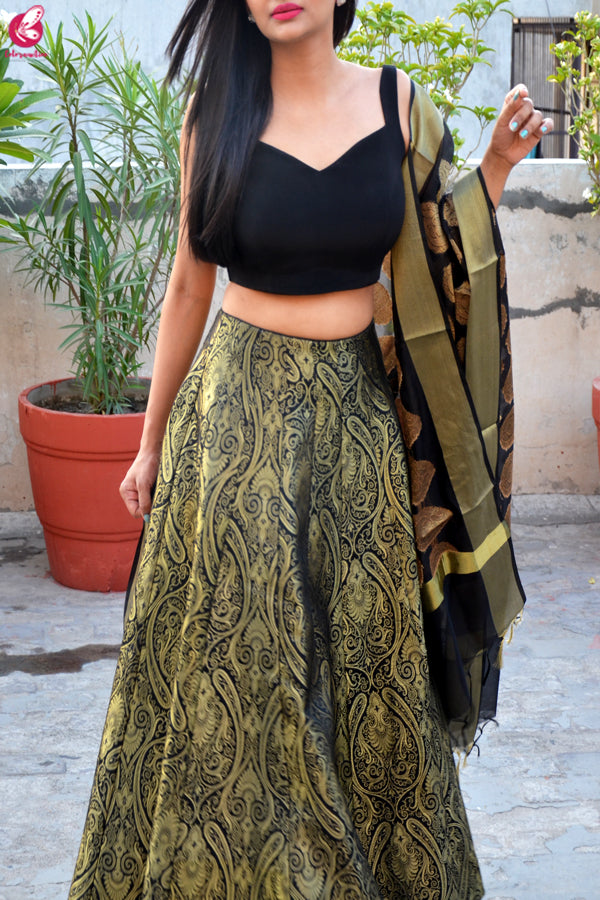 Black Brocade Lehenga with Padded Crepe Blouse and Chanderi Stole