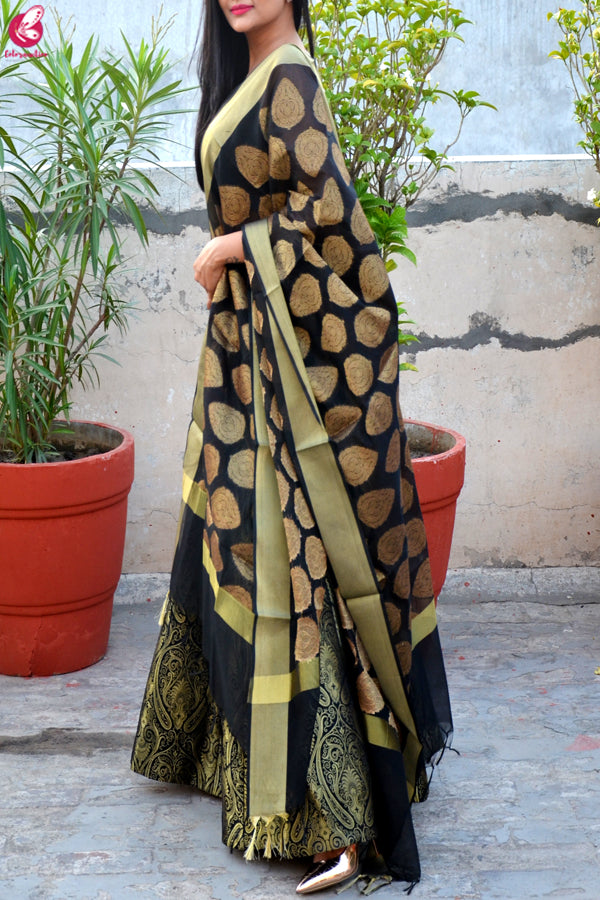 Black Brocade Lehenga with Padded Crepe Blouse and Chanderi Stole