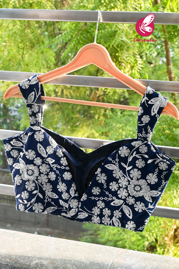 Blue Embellished Backless Padded Net Blouse