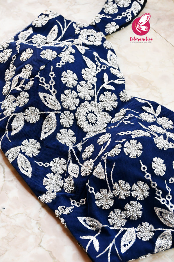 Blue Embellished Backless Padded Net Blouse