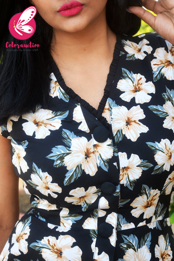 Black &amp; White Printed Floral Crepe Short Dress