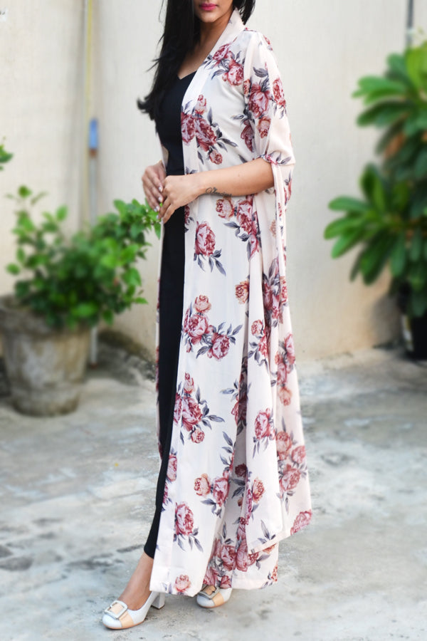 Off White Georgette Printed Floral Shrug
