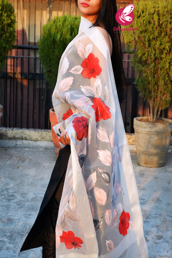 Off White Red Floral Pure Organza Floral Handpainted Stole