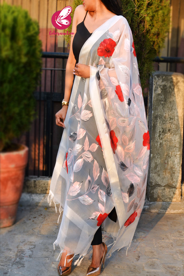 Off White Red Floral Pure Organza Floral Handpainted Stole