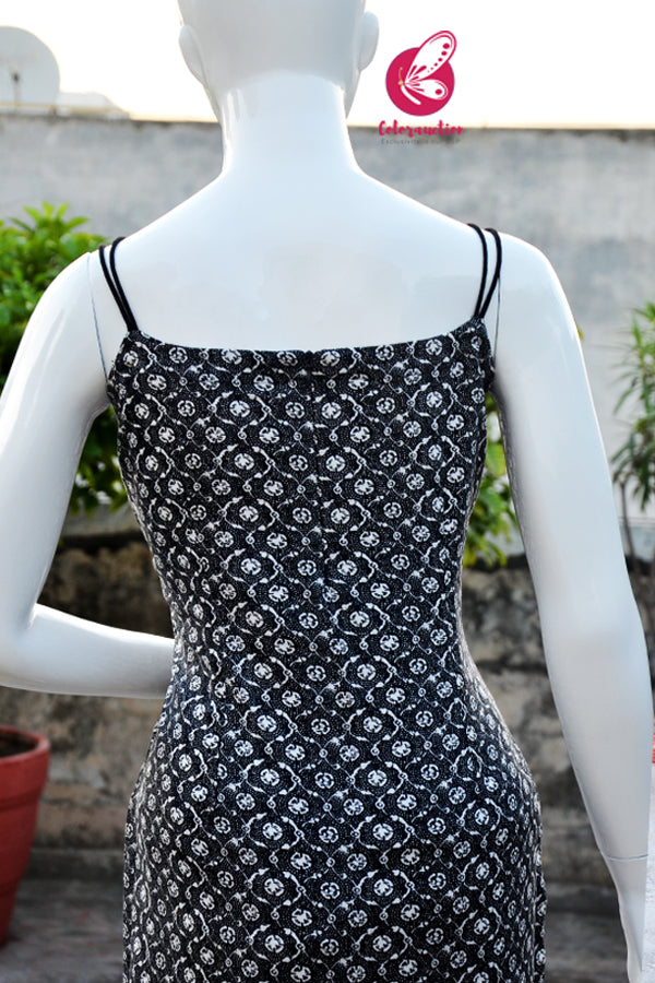 Black &amp; White Printed Cotton Strappy Kurti