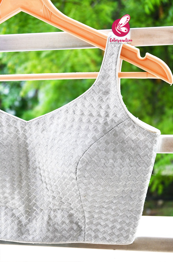 Silver Textured Fancy Round-V Neck Padded Backless Blouse