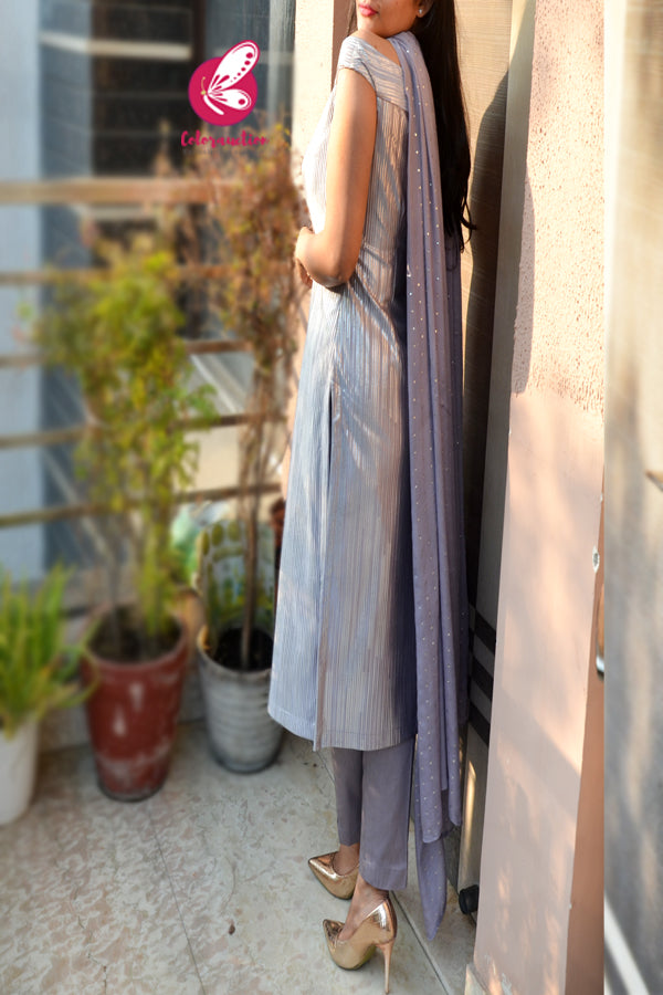 Silver Grey Pure Crepe Padded Off Shoulder Kurti With Silver Grey Cotton Silk Pants and Silver Grey Mukaish Georgette Dupatta