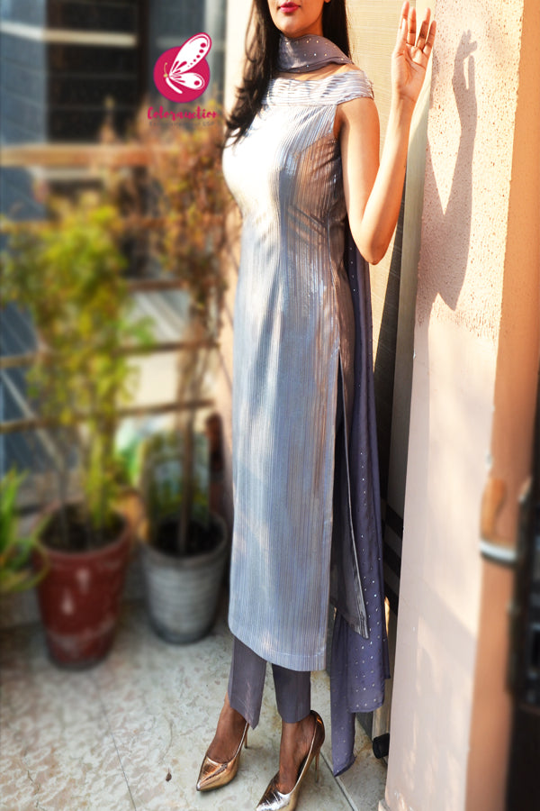 Silver Grey Pure Crepe Padded Off Shoulder Kurti With Silver Grey Cotton Silk Pants and Silver Grey Mukaish Georgette Dupatta