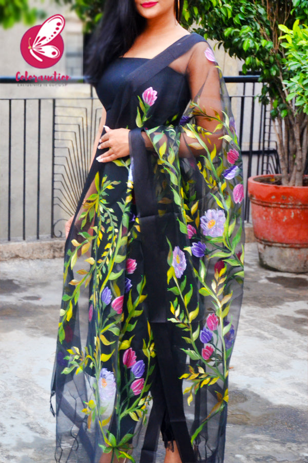 Black Pure Organza Hand painted Floral Stole
