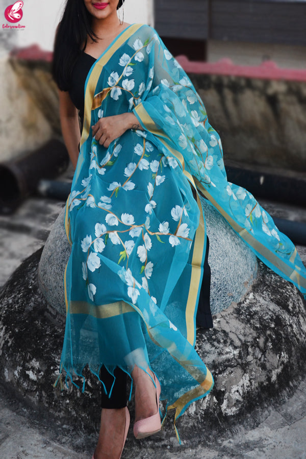 Sky Blue Oraganza Handpainted Floral Stole