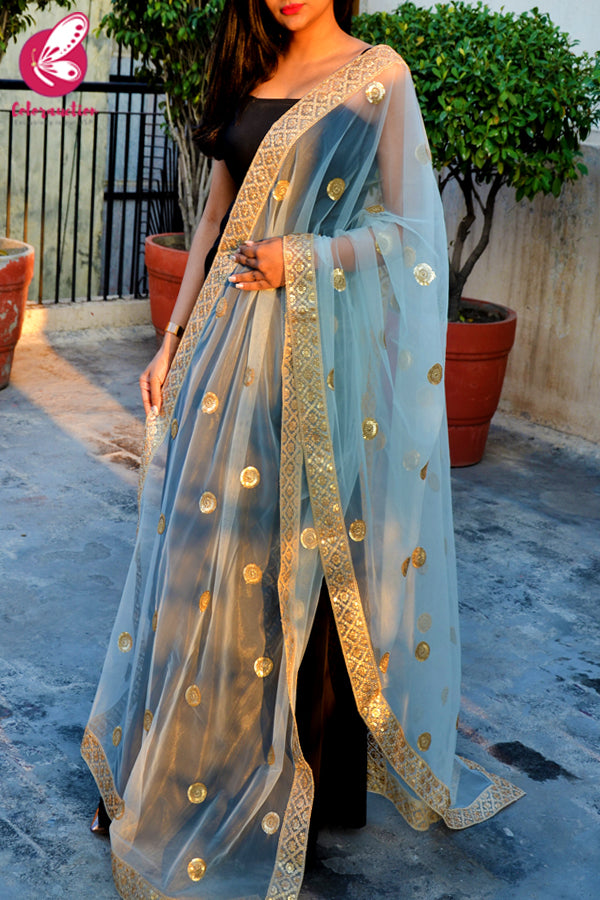 Sky Blue Heavy Net Zari Border Dupatta
