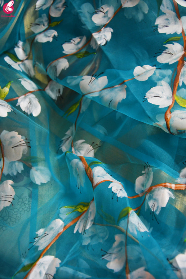 Sky Blue Oraganza Handpainted Floral Stole