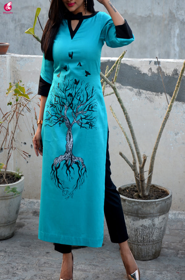 Blue Cotton Hand-Painted Straight Kurti