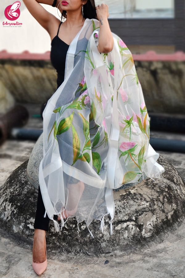 White Organza Hand painted Floral Stole