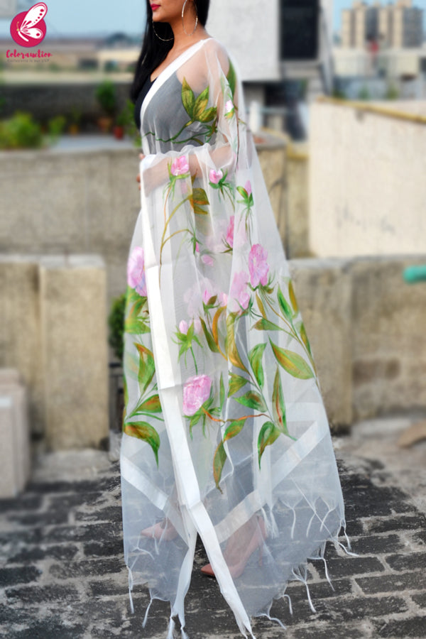 White Organza Hand painted Floral Stole