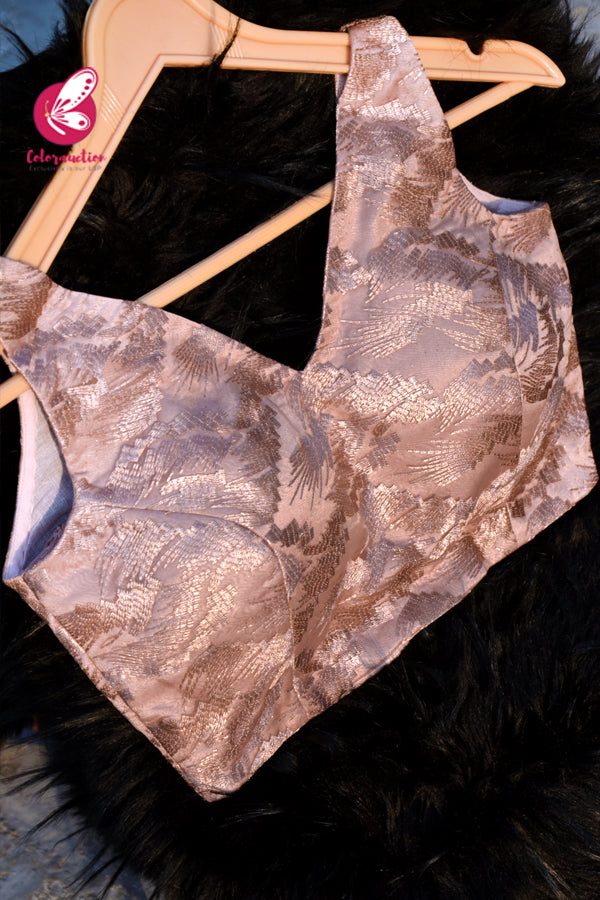 Mauve Beige Embroidered Net V-Neck Front-Back Neck Padded Blouse