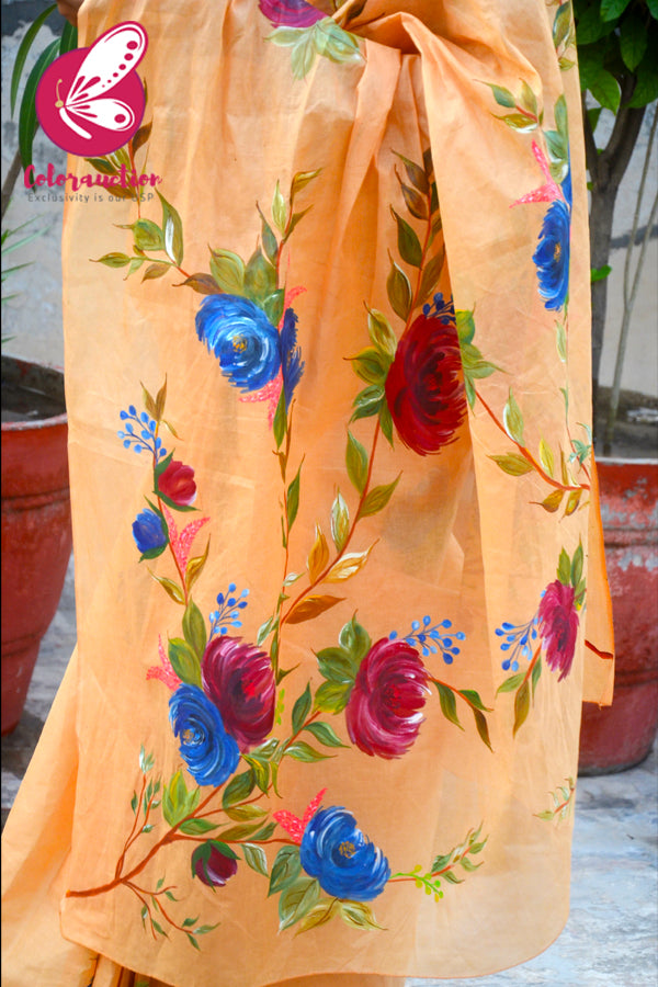 Multicoloured Hand-painted Floral Organdy Saree