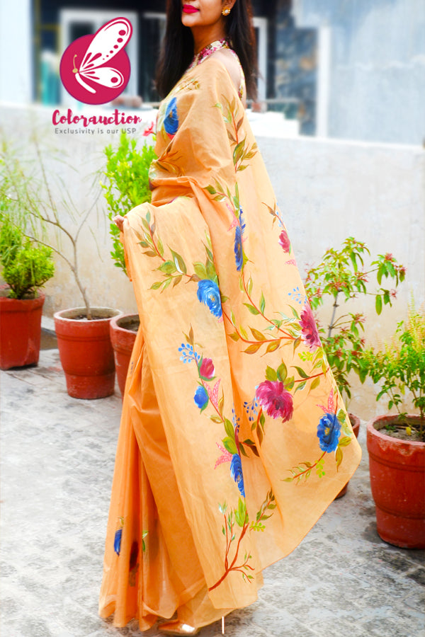 Multicoloured Hand-painted Floral Organdy Saree