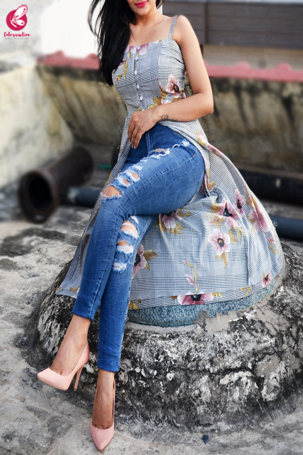Multicolored Printed Strappy Crepe Straight Fit Kurti