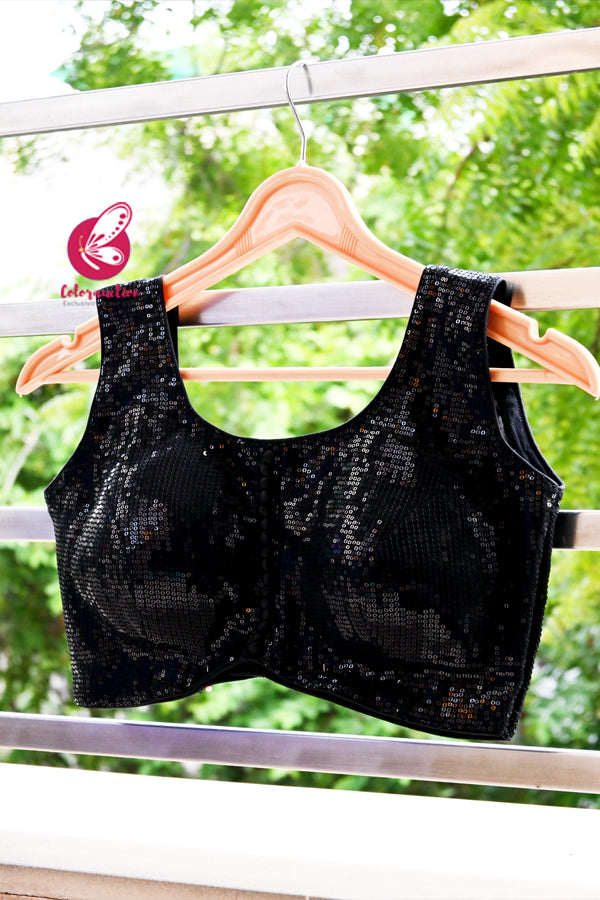 Black Sequins Sleeveless Padded Blouse