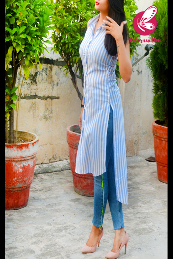 Powder Blue &amp; White Rayon Printed Sleeveless Asymmetric Kurti