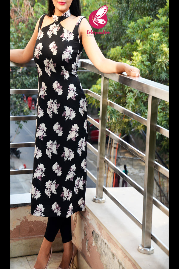 Black &amp; Mauve Sleevelss Printed Crepe Straight Fit Kurti